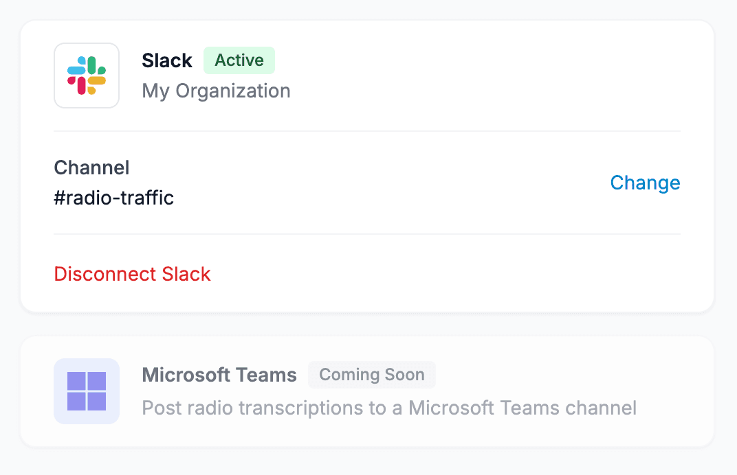 Slack integration settings showing active connection with channel selection
