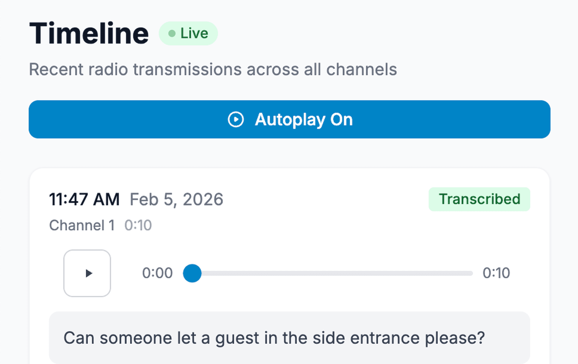 Mobile timeline view with autoplay and live transcriptions