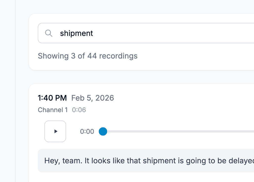 Search results for 'shipment' showing filtered recordings