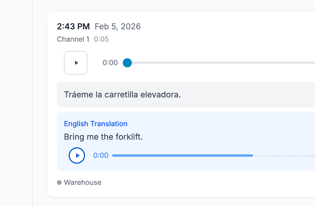 Timeline showing Spanish transcription with English translation and audio playback